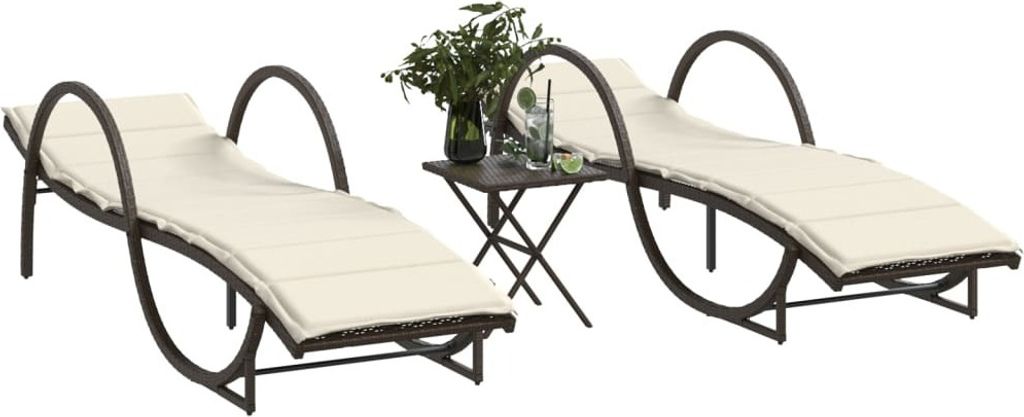 Möbel Sonnenliegen 2 Stk. mit Tisch Braun Poly Rattan - Gartenliegen 368264