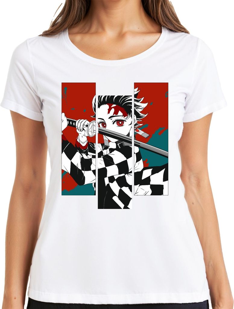 Demon Slayer Dämonenjäger Katana Karomuster Anime Manga Geschenk Damen T-Shirt, Weiß, L
