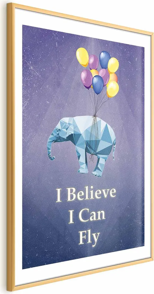 Poster Elefante Volante 60x90 con Cornice Dorata e Margine | Arte Casa