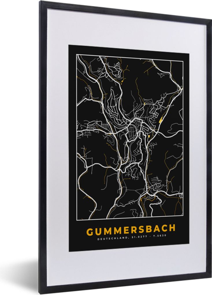 MuchoWow Gerahmtes Poster Gummersbach - Stadtplan - Gold - Karte - Deutschland 40x60 cm - Poster mit Schwarzem Bilderrahmen Wandposter Rahmen Fot...
