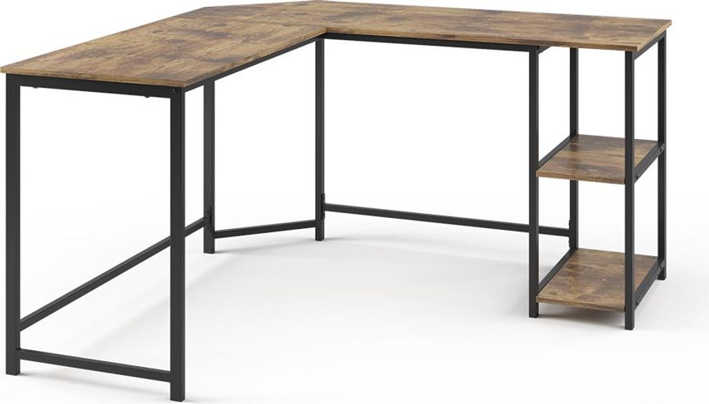 A corner desk with a rustic wood finish and black metal legs, shown against a white background.