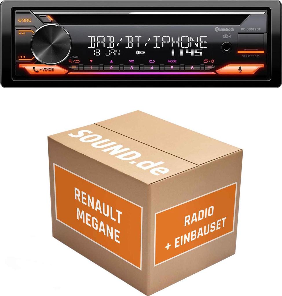 Autoradio Einbaupaket JVC KD-DB922BT passend für Renault Mégane III + Update List Display extern Grau | Bluetooth Telefonieren Audiostreaming