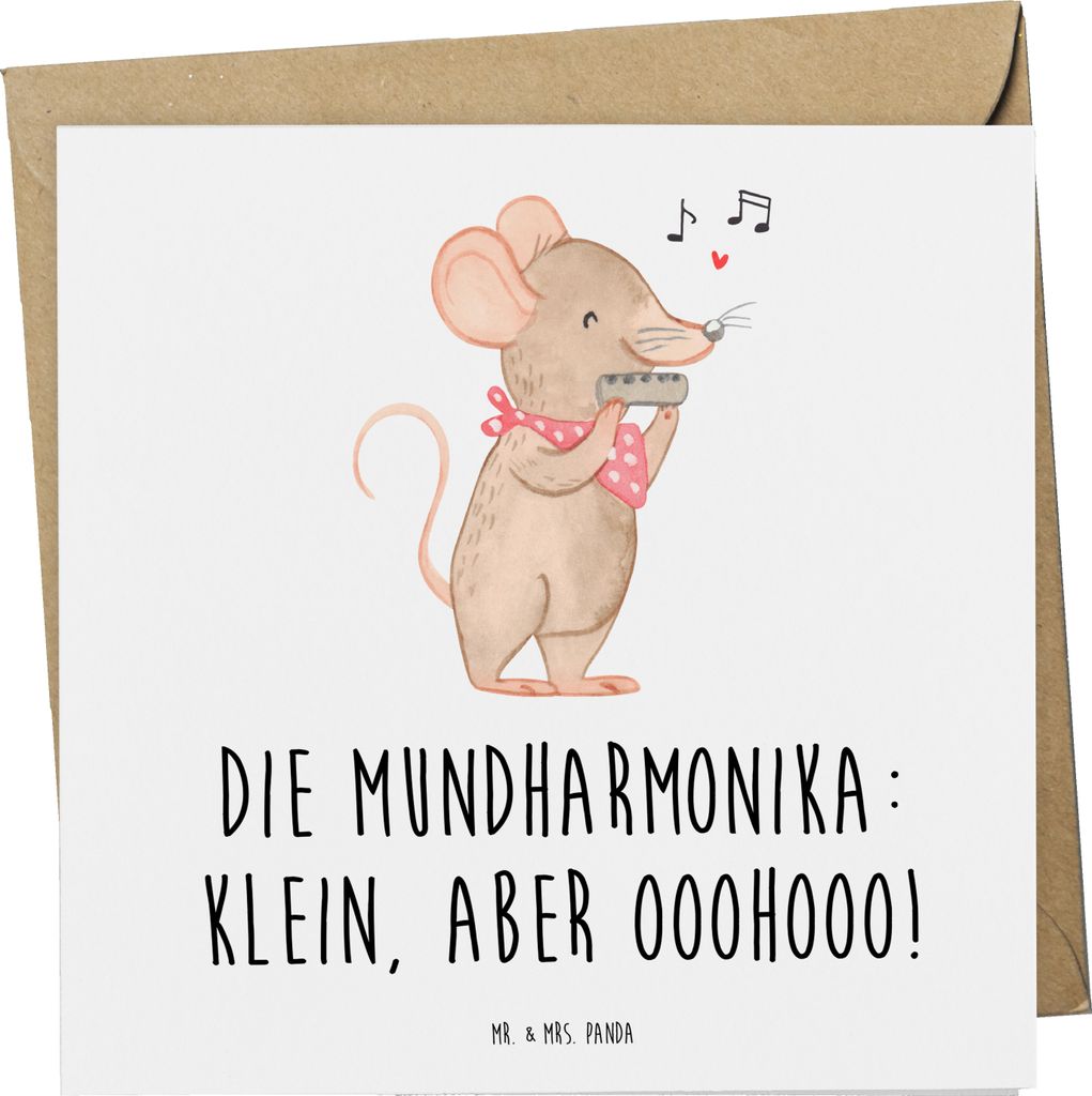 Mr. & Mrs. Panda Grußkarte Mundharmonika Ohooo - Weiß - Geschenk, anlasskarte, Klappkarte, Glückwunschkarte, Musikinstrument, Folklore, Unterweg...