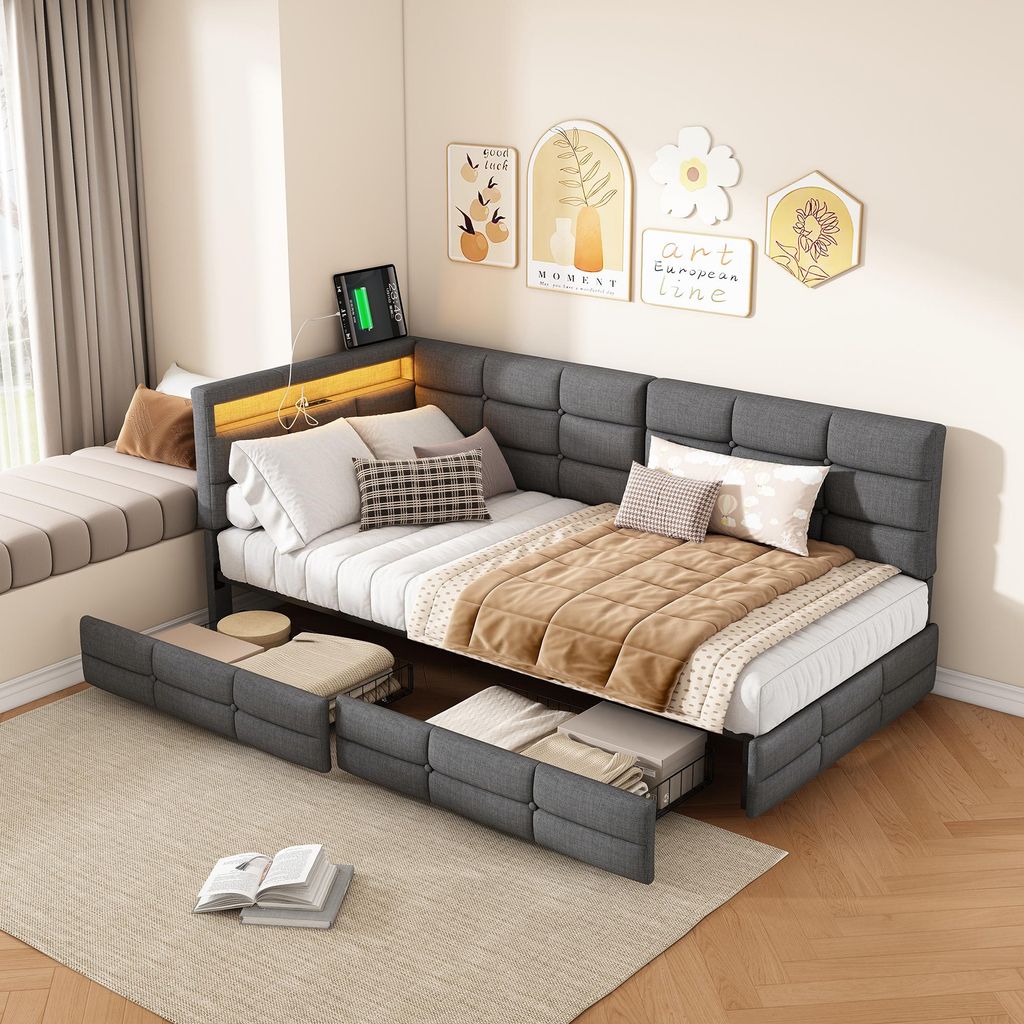 Postel 90 x 200 cm, šedé plátno, čelo ve tvaru L, LED Obrázek produktu 