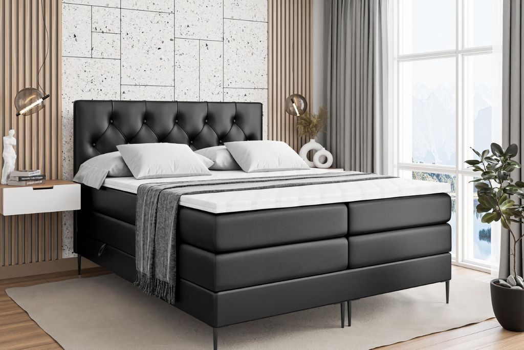 ALTDECOR Boxspringbett mit Schwarz Füßen, Matratze und Lattenrost, Topper, Polsterbett mit Bettkasten, Bett mit Stauraum H3- und H4- Matratze, Do...