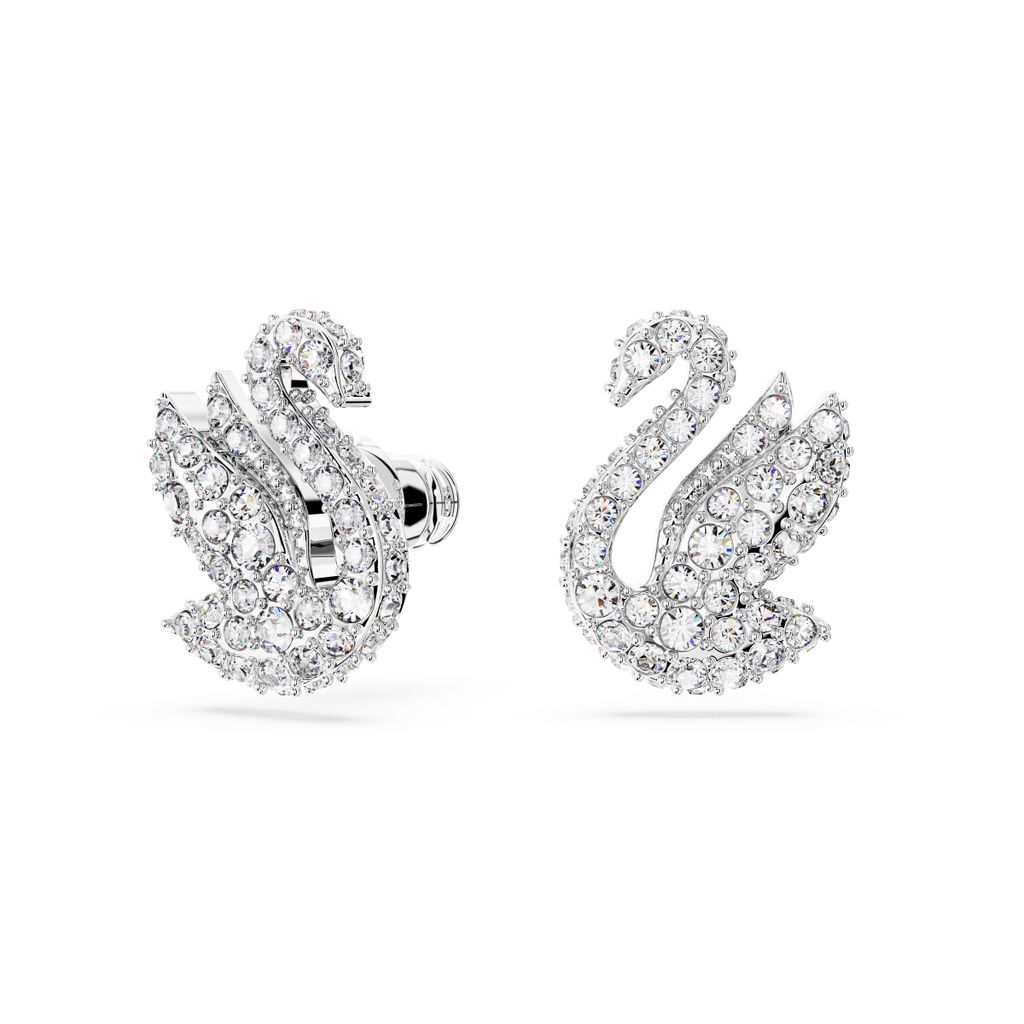 A pair of swan-shaped earrings encrusted with crystals, presented on a white background.