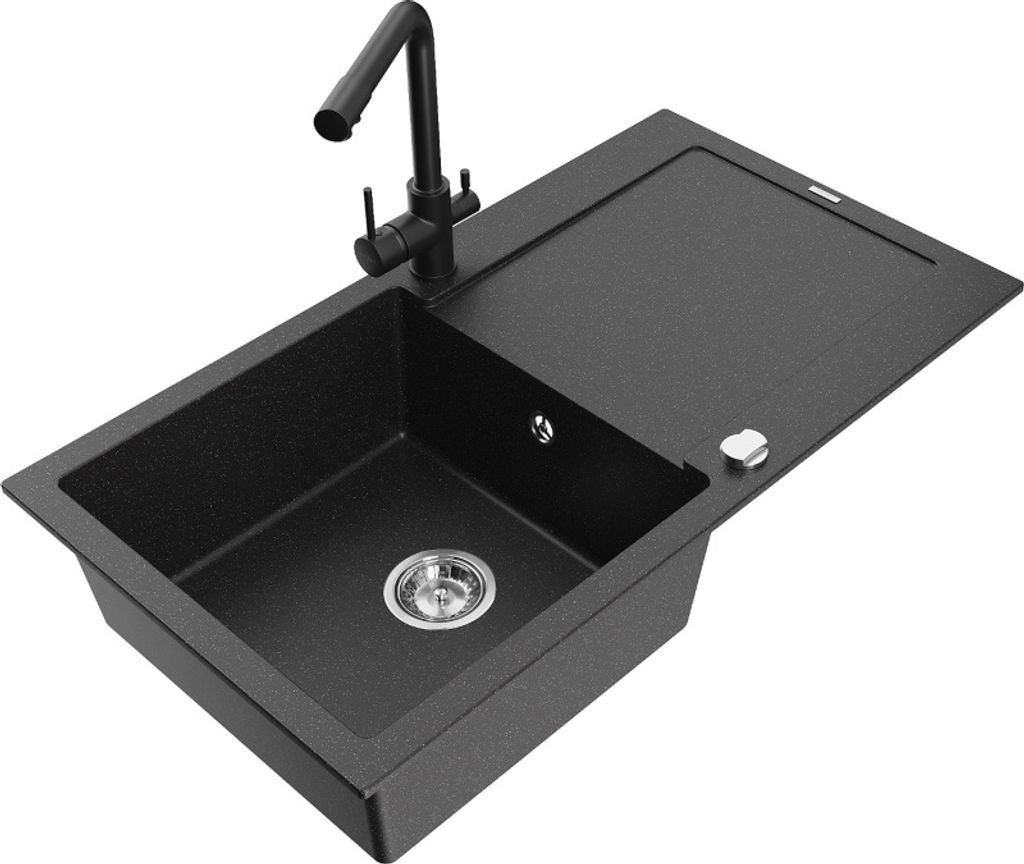 Mexen Leo 1 Becken-Granitspüle mit Abtropffläche und Mischbatterie Duero, Schwarz/Silbermetallic - 6501-73-671600-70