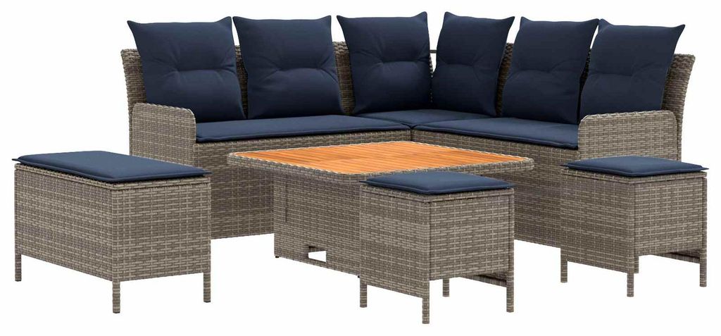 vidaXL Möbelsets mit Kissen 7 pcs Grau und Marineblau PE-Rattan