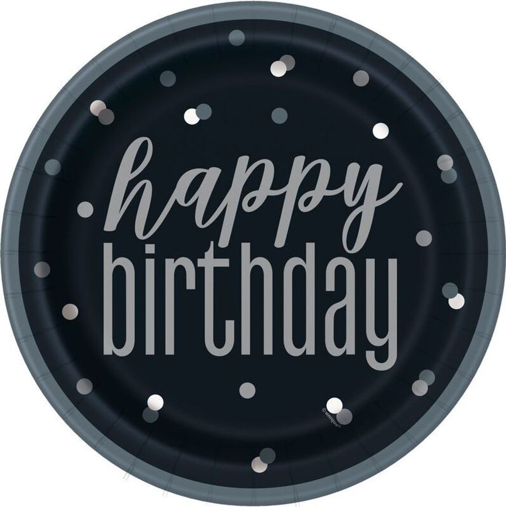 8 grosse Teller Happy Birthday schwarz & silber