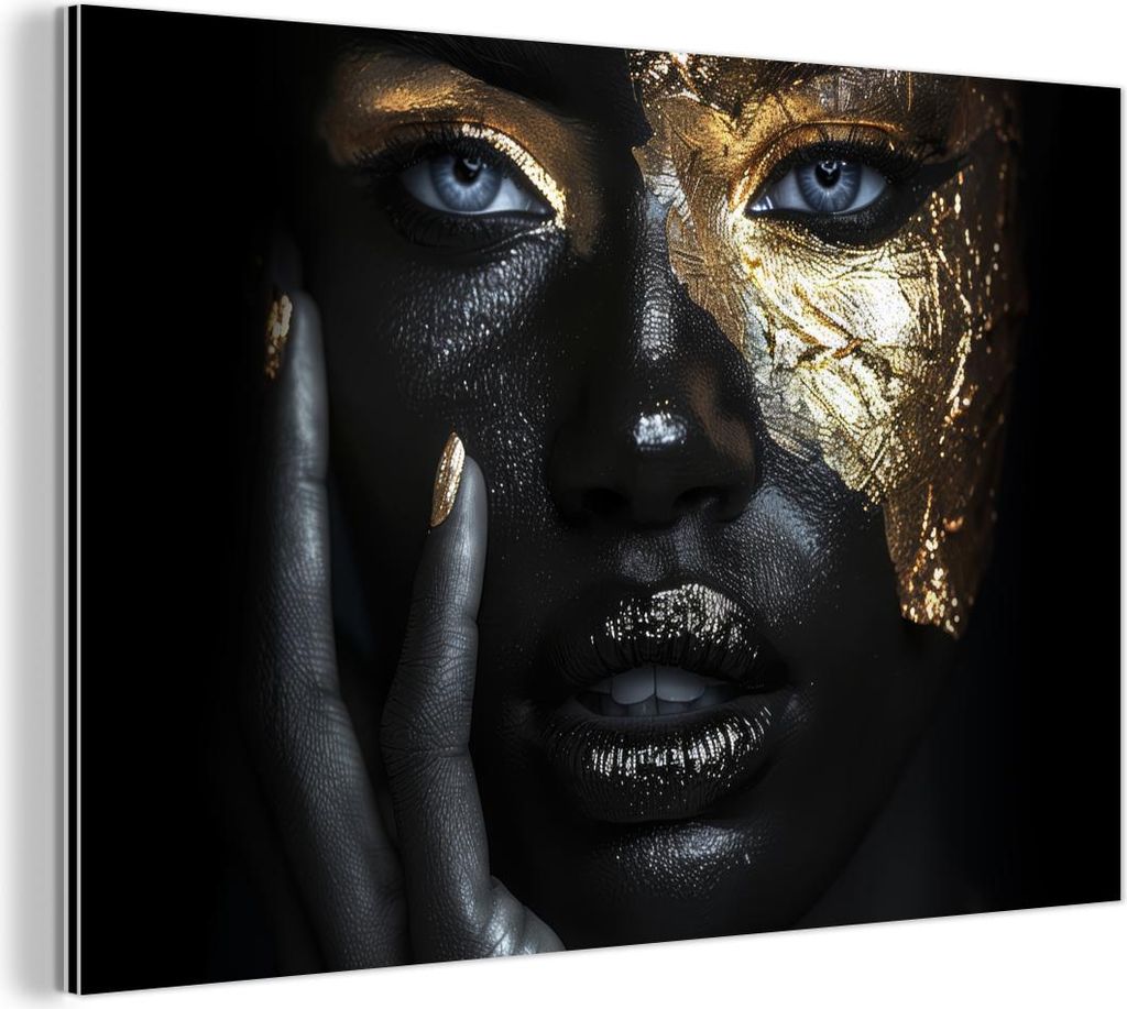 MuchoWow Wanddekoration Metall Metallbild Wandkunst 90x60 cm Frau - Gold - Porträt - Modern - Schwarz - Abstrakt MuchoWow Aluminium Gemälde - Wan...