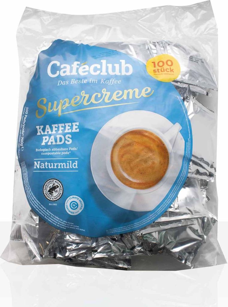 Cafeclub Kaffee-Pads Supercreme Naturmild - 100Stk einzeln verpackt, Pad für zb Senseo