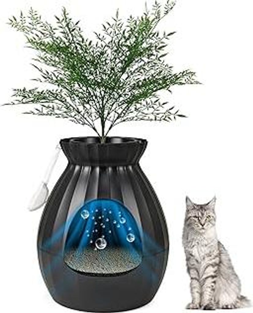 FANTASK Katzenklo, 50x50x59cm, Katzenklo mit elektronischem Geruchsbeseitigungssystem, Blumentopf-Stil mit künstlicher Pflanze und Kieselsteinen, ...
