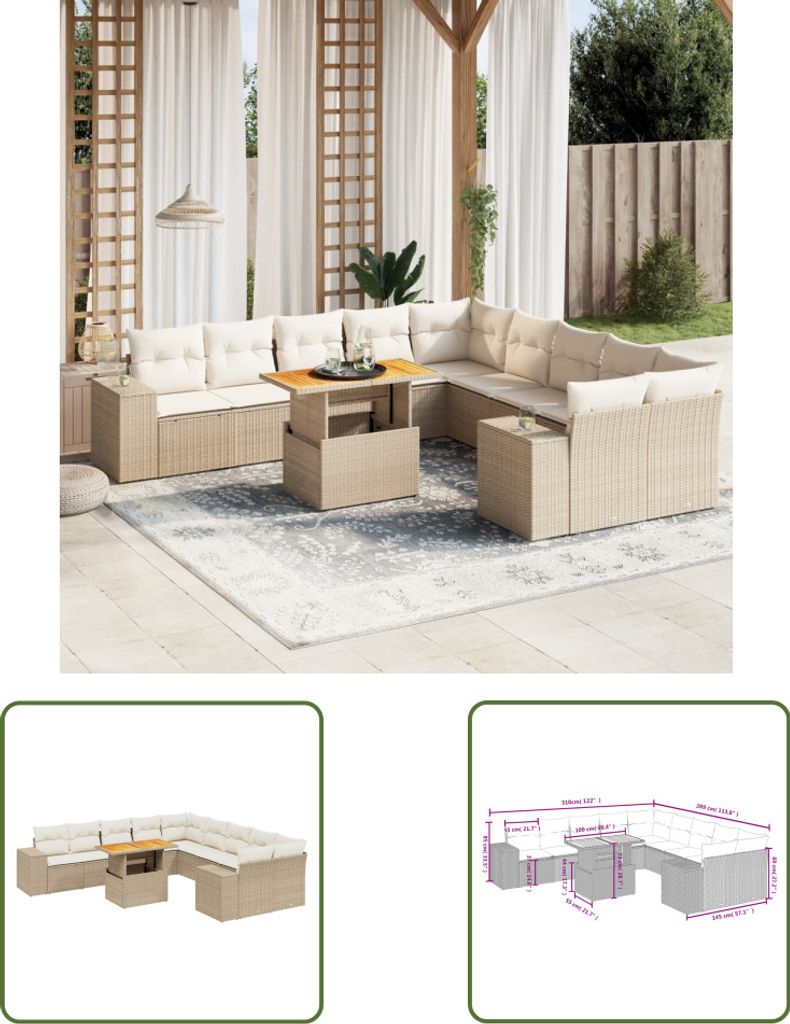 The Living Store 11-tlg. Garten-Sofagarnitur mit Kissen Beige Poly Rattan
