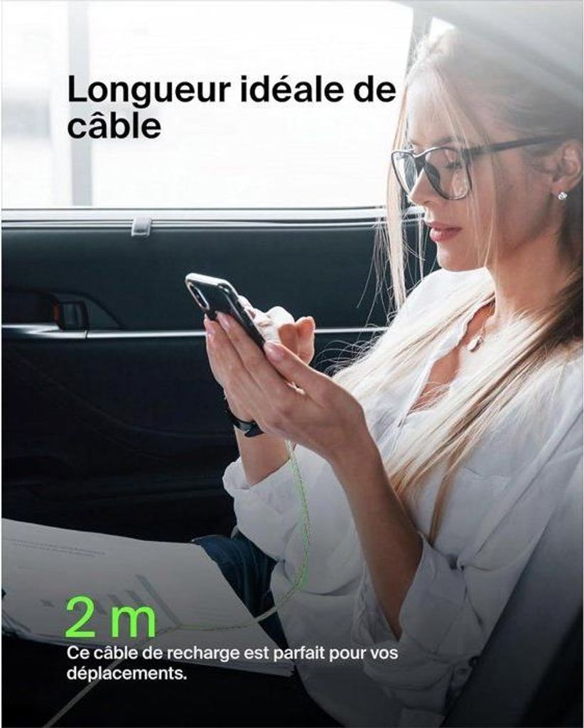 Câble tressé - BELKIN - USB-C vers USB-A - 2 m - Blanc Image du produit 