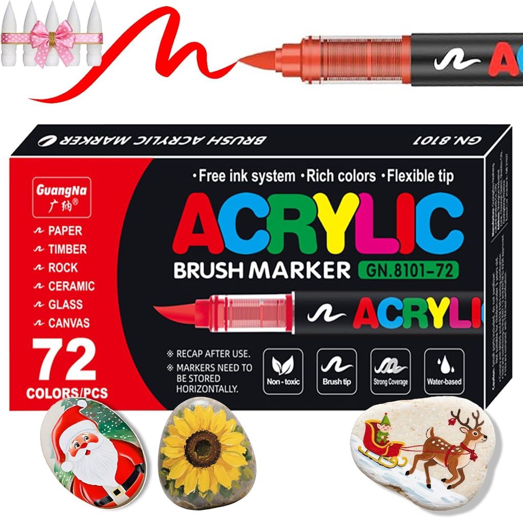 GuangNa 72 Farben Acrylmarker Set, Brush Tip Acrylstifte für Steine, Glas, Keramik, Leinwand, Wasserfest Schnelltrocknend