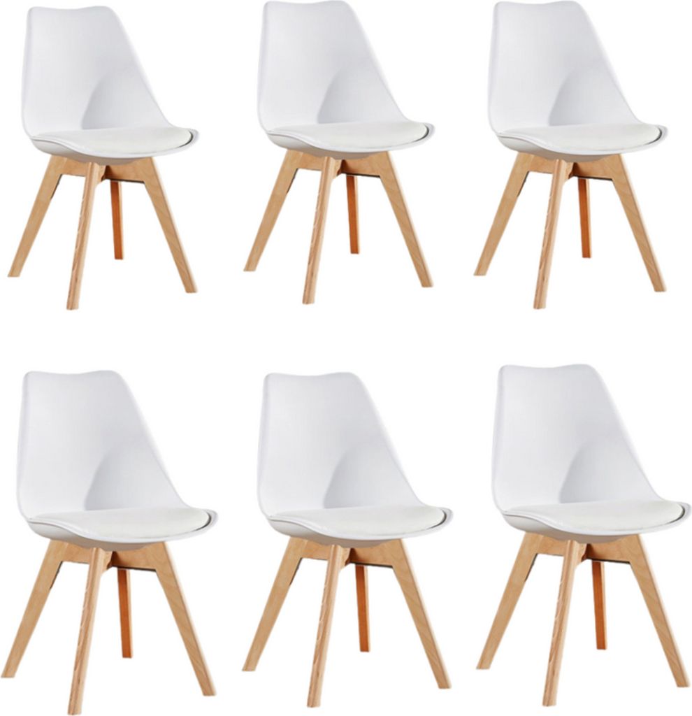 Ensemble de 6 chaises de salle à manger Lorenzo avec siège élégant en similicuir et pieds en bois massif - Blanc