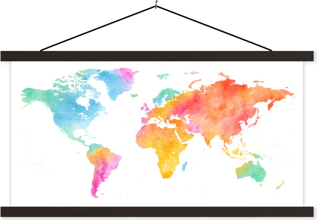 MuchoWow Textilposter Weltkarte - Einfach - Aquarell 120x60 cm mit schwarzem Rahmen - Dekoration Schlafzimmer