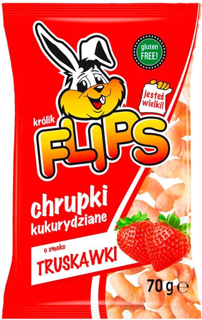 A bag of strawberry-flavored corn puffs with a cartoon rabbit mascot.