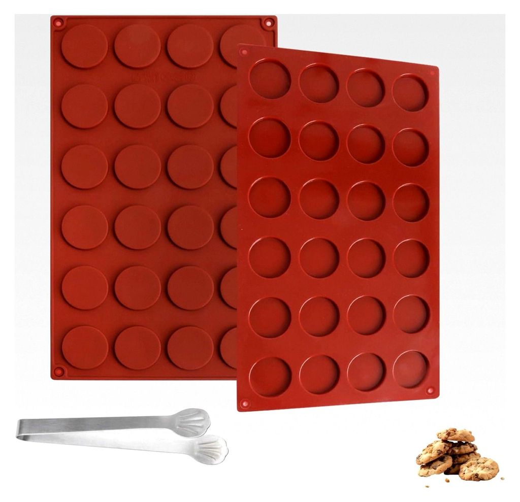 Silikon Backform Set mit 24 Mulden – Antihaft Florentiner und Schokoladenform – 2 Stück Mini Kuchenform rund mit Zange für Pralinen, Dessert,...