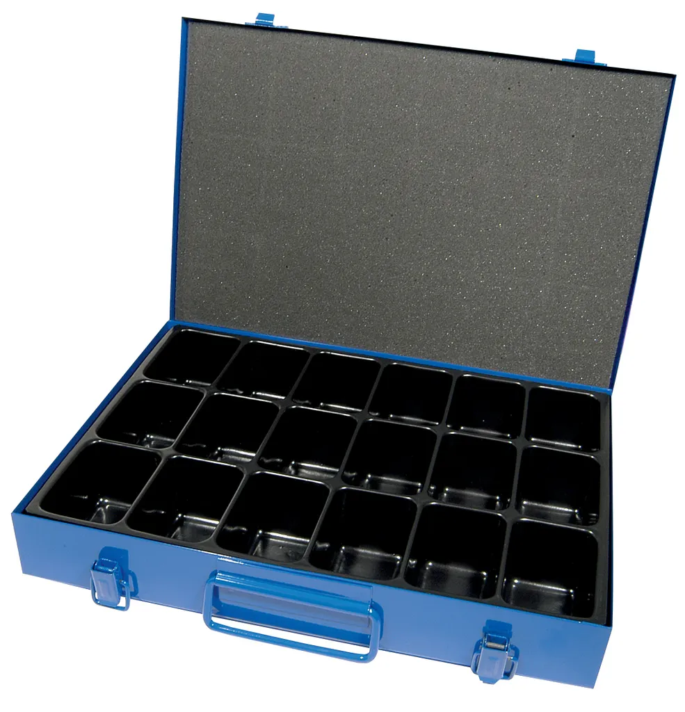 Scatola d'assortimento 18 scomparti in lamiera L340xP240xH50mm imbottitura in schiuma pressata blu