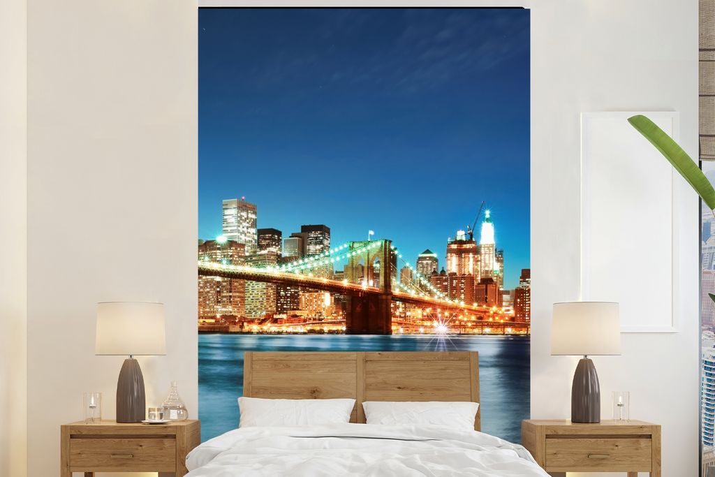 MuchoWow Fototapete für Wohnzimmer oder Schlafzimmer Wandtapete Vinyl Motivtapete New York - Brücke - Architektur - Brooklyn - Licht - 200x300 ...