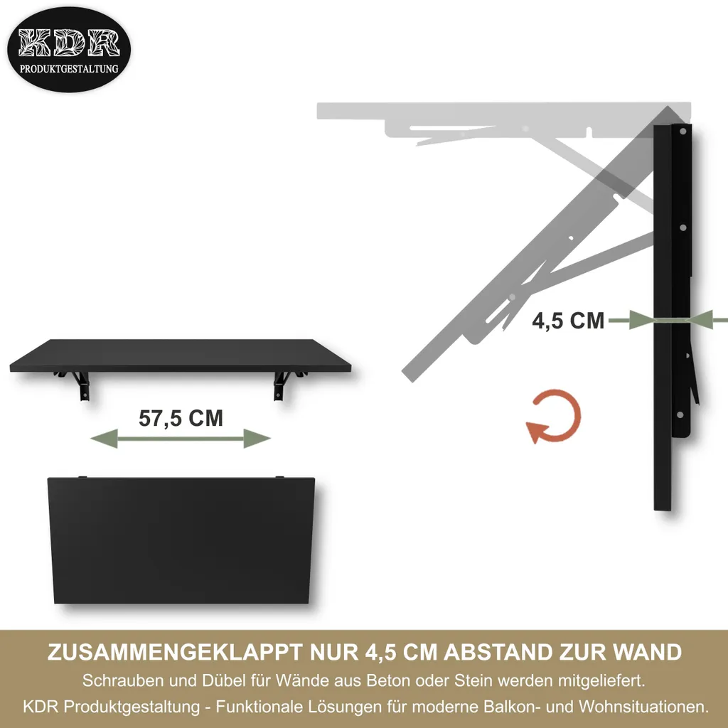 Table de bar murale stable et pliante Noire - Plateau de table 80 cm