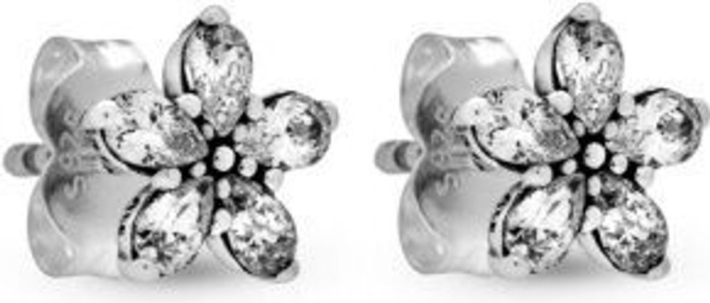 A pair of flower-shaped stud earrings with clear stones.