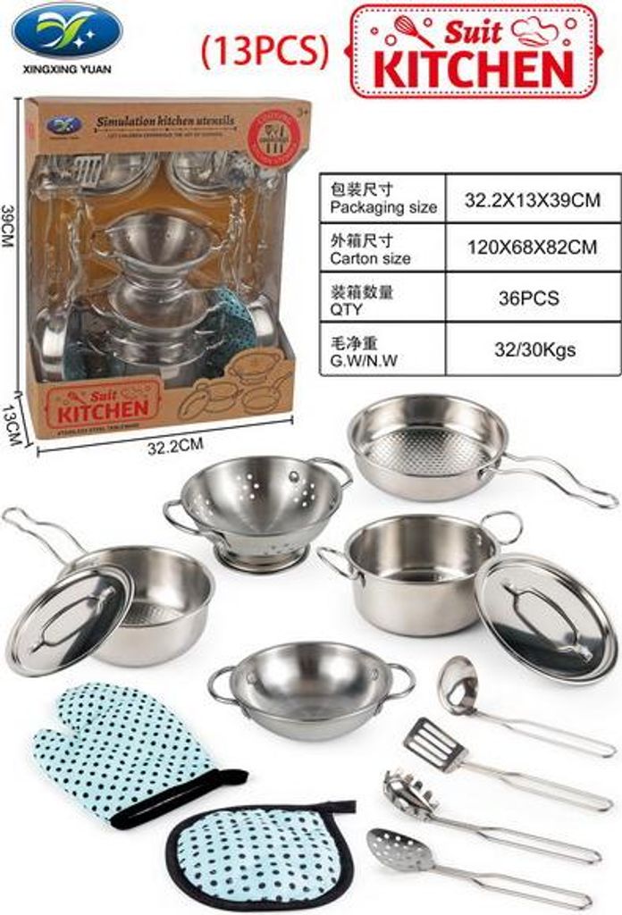 Set aus Metalltöpfen für Kinder ab 3 Jahren, Küchenutensilien + Schürze + Zubehör, 13-teilig.