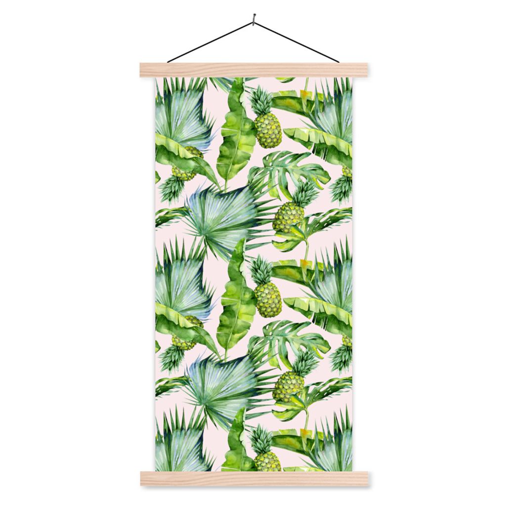 MuchoWow Textilposter Blätter - Ananas - Muster 60x120 cm mit holzfarbenen Rahmen - Holz