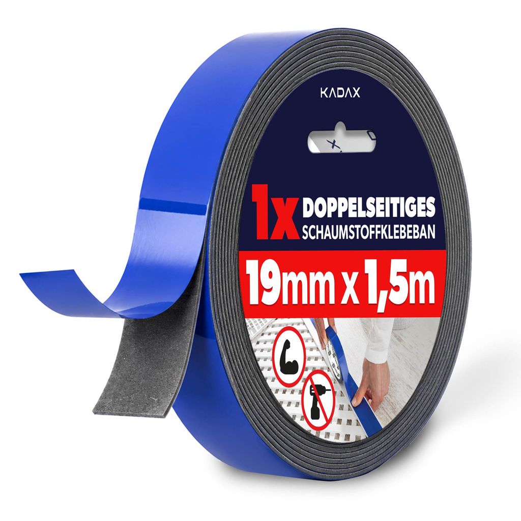 KADAX Doppelseitiges Klebeband 19 mm x 1,5 m, 1 Rolle, Extra Stark Montageklebeband aus PE-Schaum, Schaumstoff Doppelklebeband für Spiegel, Leiste...