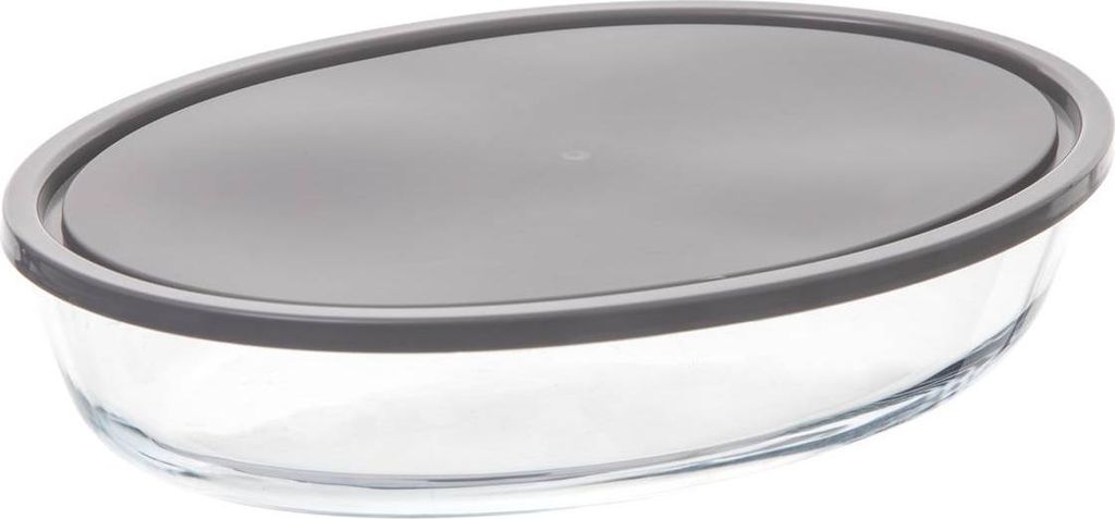 A clear studio shot of an oval glass dish with a gray lid.
