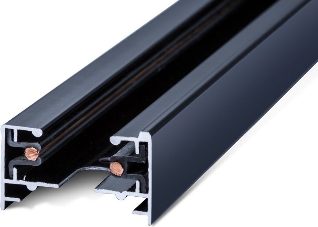 A close-up, angled view of a black track lighting rail with visible copper conductors.