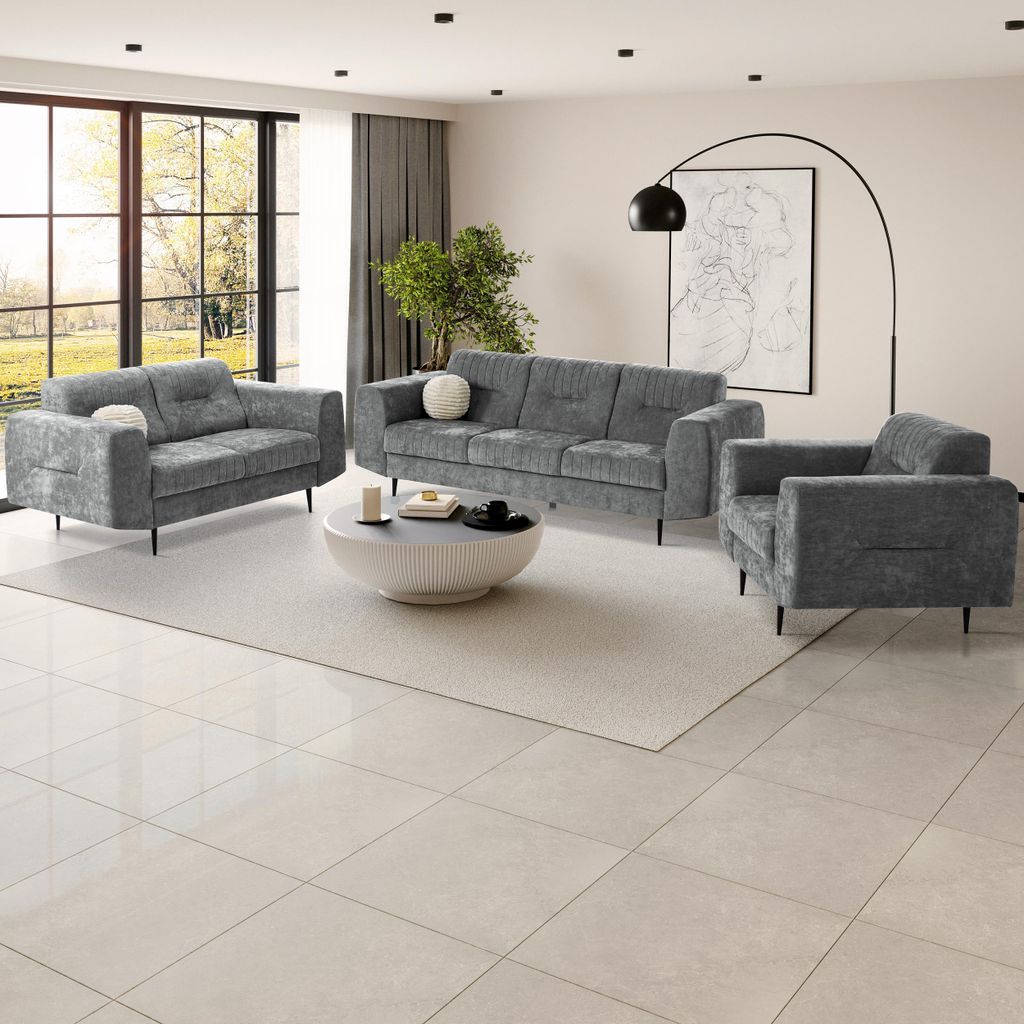 BEAUTYSOFA | Couchgarnitur VENEZIA Chenillestoff Graphit – Sofa Set 3+2+1, Polsterset mit Metallbeinen Schwarz, Wohnzimmer Set ohne Schlaffunktion