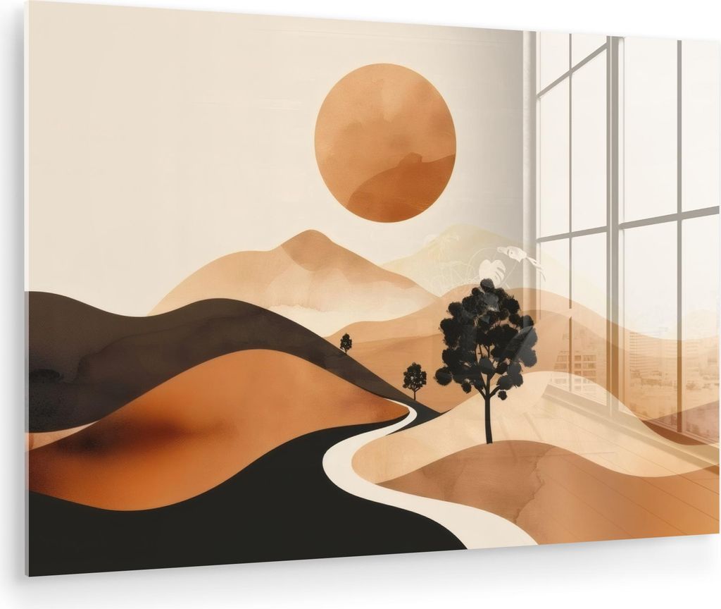 MuchoWow Glasbilder - Bilder auf Wandbild - Foto auf Glas Sonne - Hügel - Baum - Abstrakt 120x80 cm Wanddekoration aus Glas - Acrylglasbild - Acry...
