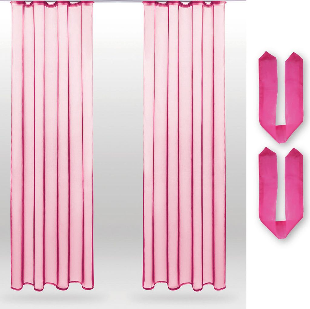 Two pink curtains are shown hanging, with two pink tie-backs to the right.