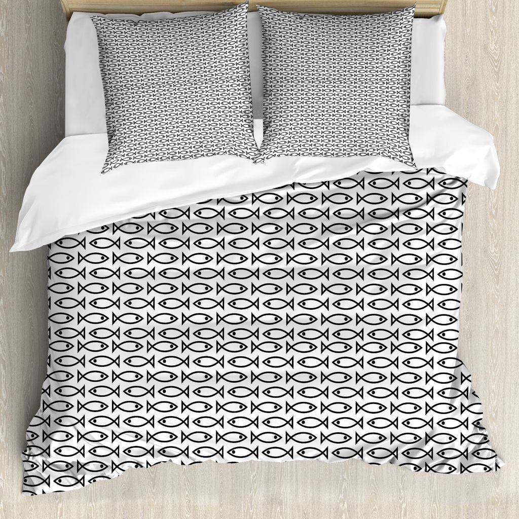 ABAKUHAUS Tier Bettbezug, Abstrakte Fische Retro Kunst, Milbensicher Allergiker geeignet mit Kissenbezügen, 155 cm x 220 cm - 80 x 80 cm, Schwarz ...