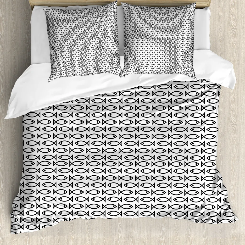 ABAKUHAUS Copripiumino per animali domestici, Pesci astratti Arte retrò, Antiacaro Adatto a chi soffre di allergie Con federe, 155 cm x 220 cm - 80 x 80 cm, Bianco e nero