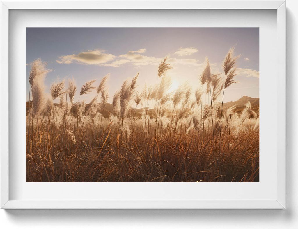 Romantischer Sonnenuntergang über Gräsern– Wandbild mit Rahmen – Gerahmtes Bild – Wanddekoration – 70x50 cm – Schwarz Rahmen