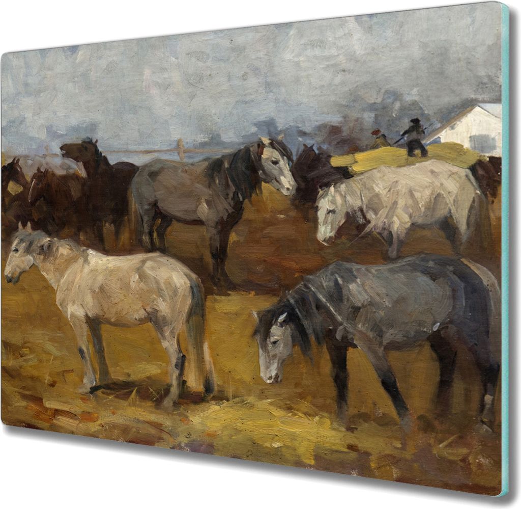 Coloray Schneidebrett Herdabdeckplatte 60x52 cm Kochplattenabdeckung Küchenbrett Hackbrett - Malerei Tier Pferde
