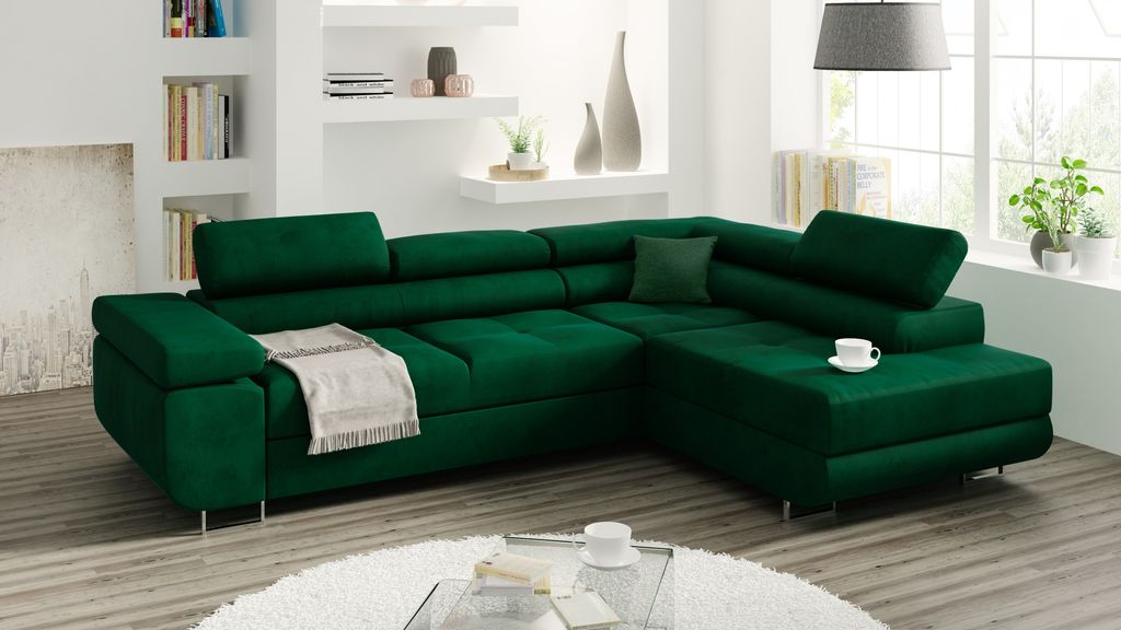 MINIO Polsterecksofa mit Ausklappfunktion und Stauraum MANILA Rechts | Green 37
