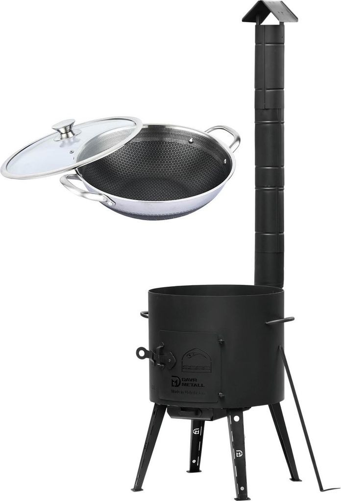 SET Feuerofen Ø40cm Uchag Utschak mit Rohr + Kazan Wok Edelstahl Wabenstruktur mit Glasdeckel 12 Liter