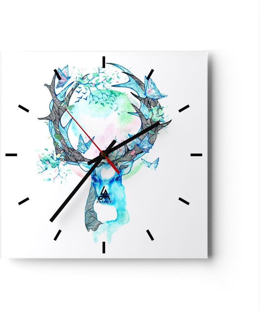 Wanduhr - Quadrat - Glasuhr - Hirsch Natur Landschaft Dekoration - 30x30cm - Schleichendes Uhrwerk - Lautlos - zum Aufhängen bereit - Dekoration M...