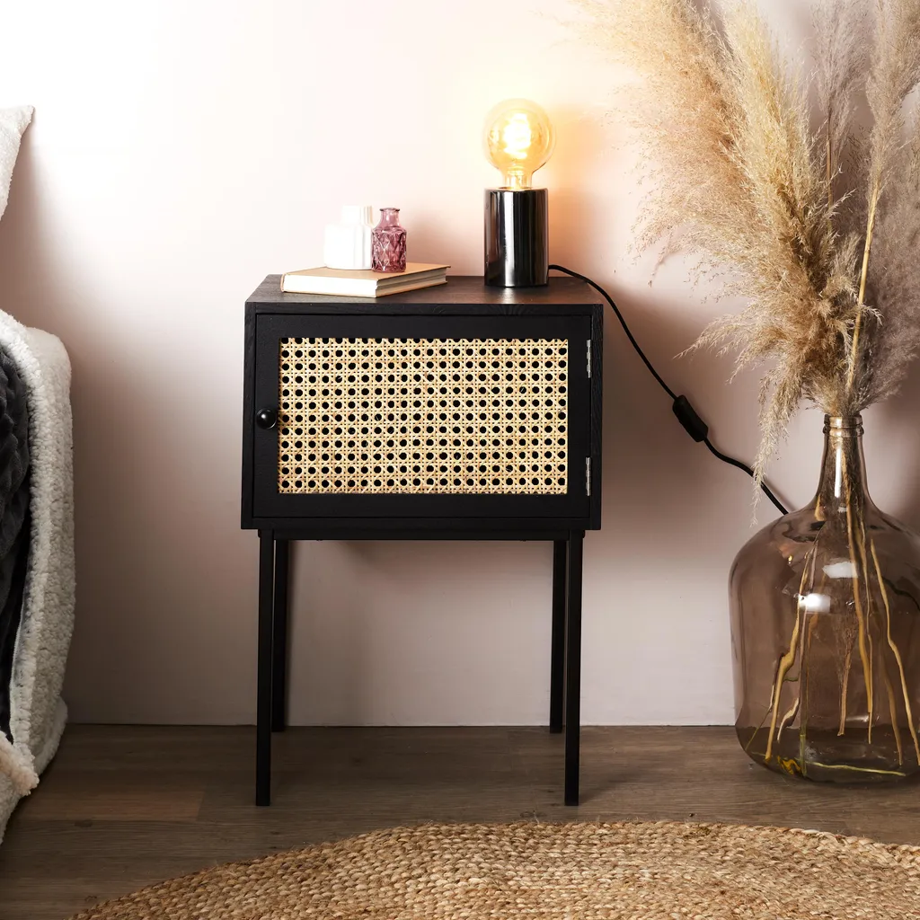 Chevet Noir et Rotin tressé - Meuble de Nuit 1 Porte Design Cannage