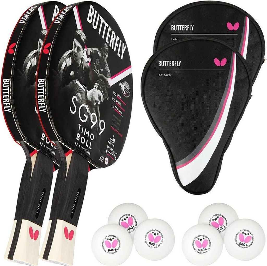 Butterfly 2x Timo Boll SG99 Tischtennisschläger + 2x Tischtennishülle Drive Case + 6x 40+ 3*** Tischtennisbälle