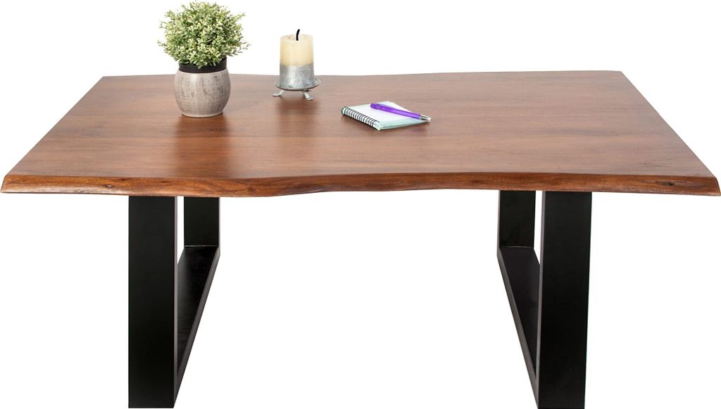 Couchtisch 130 x 75 cm Insa, echte Baumkante, Akazienholz nussbaumfarben, massiver Sofatisch, U-Metallgestell Mattschwarz, Baumkantentisch 26mm Platte