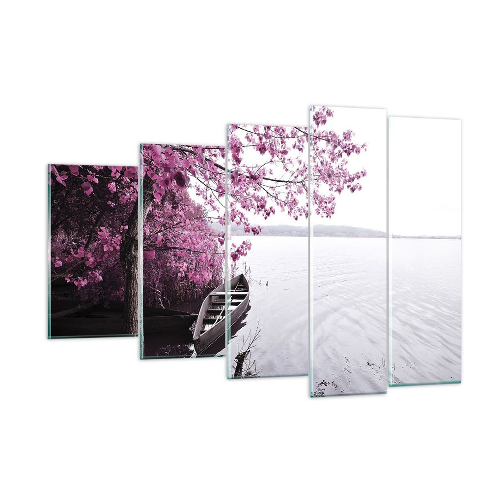 Bilder auf glas - 5 Teile - See Rosa Bäume - 150x100cm - Glasbilder - Wandbilder - Bilder - zum Aufhängen bereit - Wanddekoration aus Glas - Glas...
