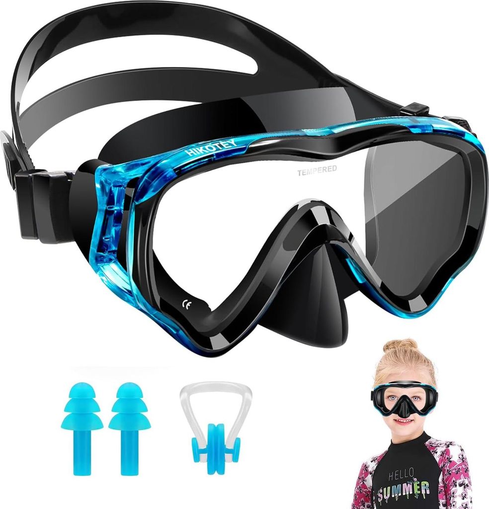Taucherbrille für Kinder von 4-16 Jahren mit Nasenschutz 180 Grad Panorama HD Silikonband Schnorchelset