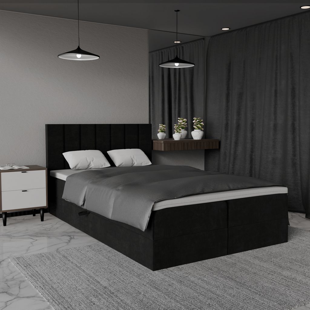 QLA Möbel Boxspringbett Bergamo 140x200 mit 2 Bettkästen, Doppelbett mit Matratze und Topper, Polsterbett, Bett. Farbe Schwarz