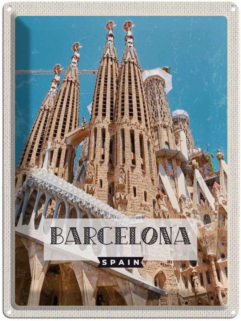vianmo Blechschild 40x30 cm Retro Barcelona Reiseziel Bildmotiv Reisemotiv Abenteuer Reisen Straße Stadt Urlaub
