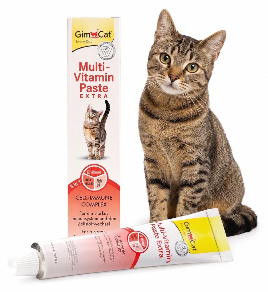 GIMCAT Multi-Vitamin Paste Extra – Leckerli für Katzen – Produktbild  KI-generiertes Bild